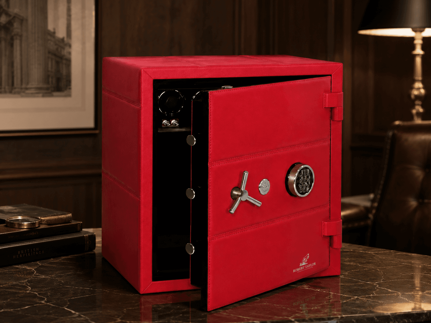 Robert Taylor Baron watch winder — Burgundy & Black, 3-Drawer Safe.