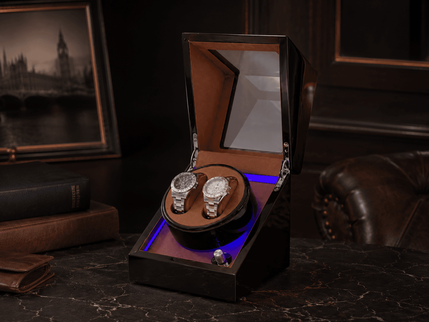 Robert Taylor Brooklands watch winder — Piano Black & Brown.