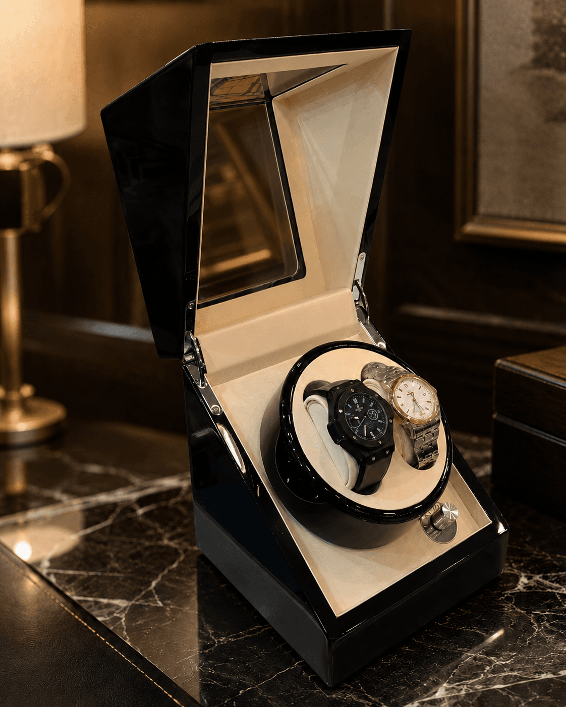 Robert Taylor Brooklands watch winder — Piano Black & Cream.