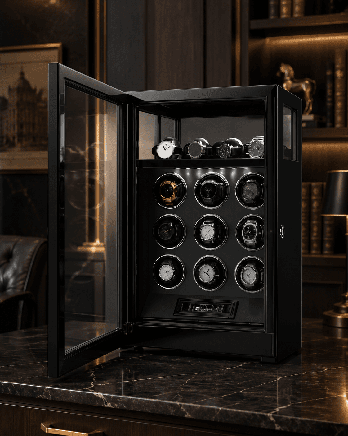 Robert Taylor Greenwich nine-module watch winder cabinet in black with upper storage bays.
