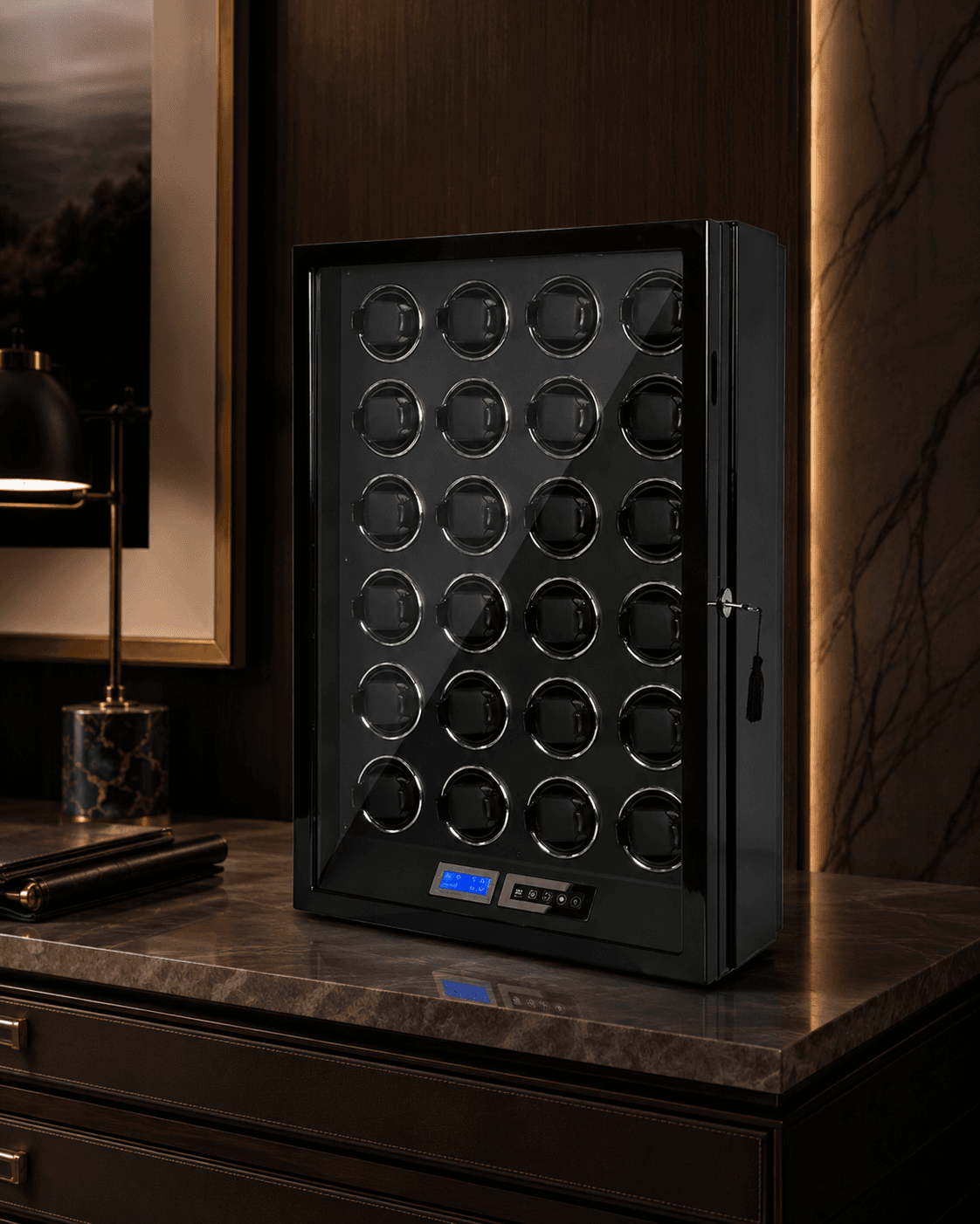 Robert Taylor Regent twenty-four-module watch winder cabinet in piano black with a glass front and touch panel.