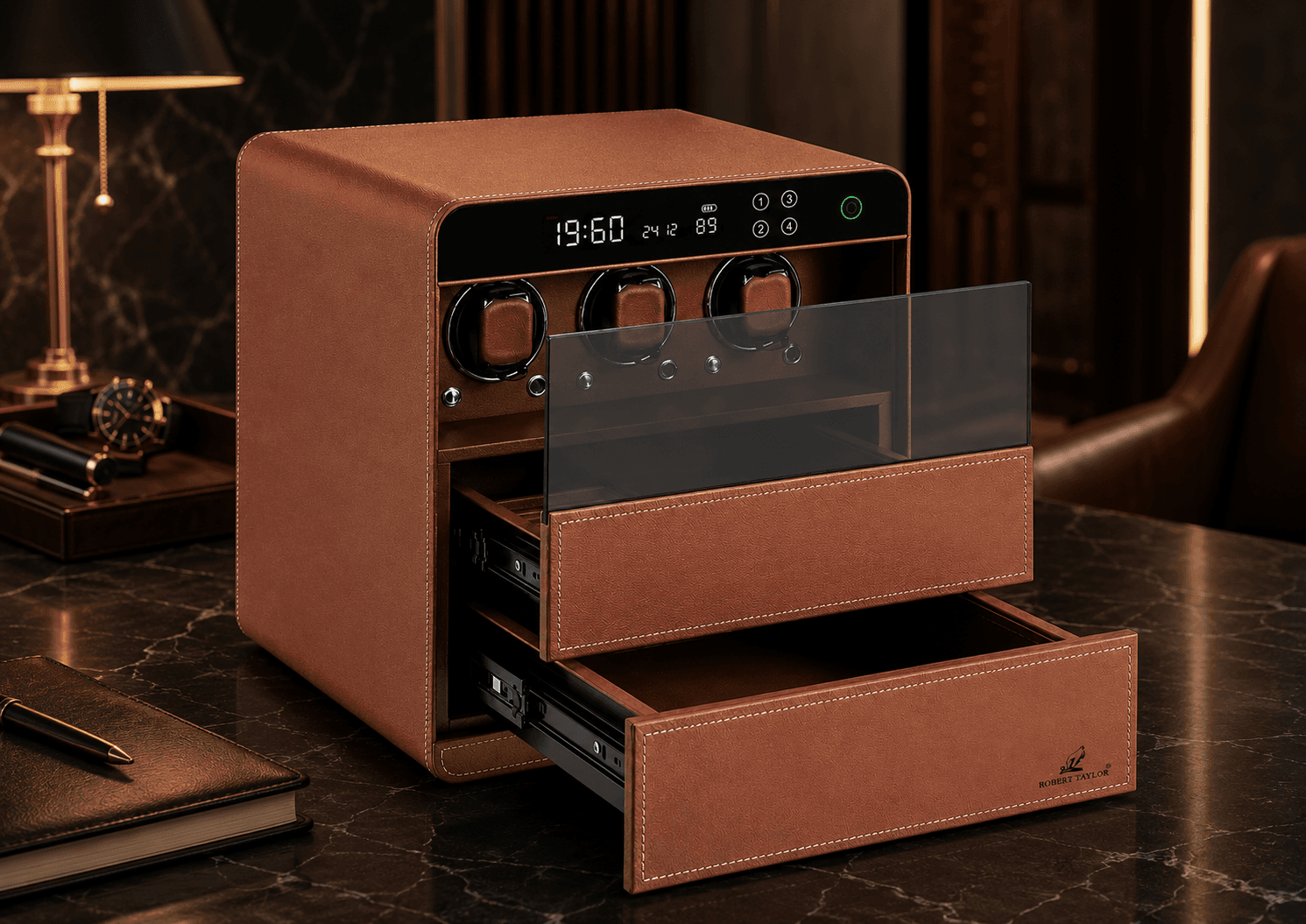 Robert Taylor Suite watch winder — Cognac Leather.
