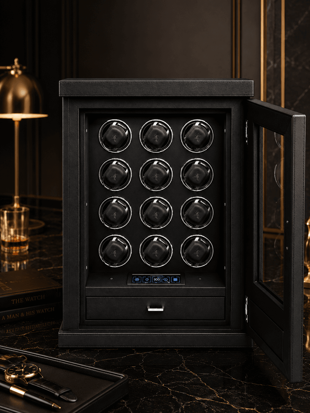 Robert Taylor Buckingham twelve-module watch winder safe in black steel with a green alcantara interior.